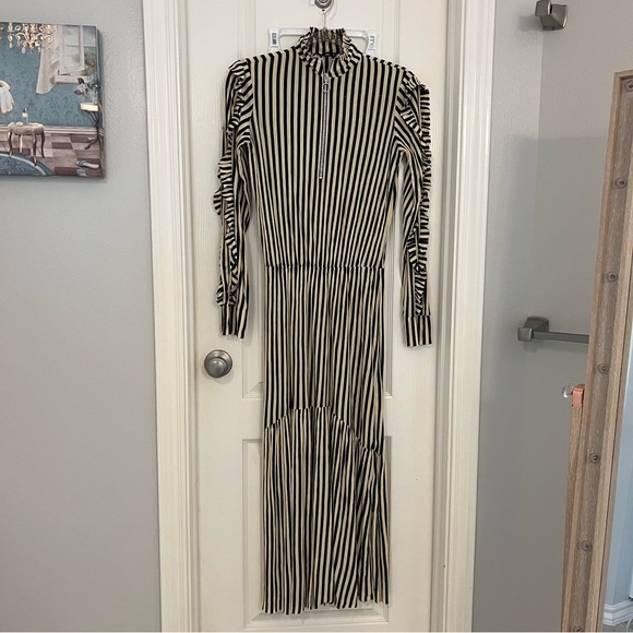 Zara Beige/Black Striped Ruffle Front Split Dress. - Picture 6 of 9